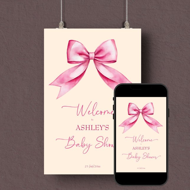 Pink bow ribbon baby shower elegant welcome sign (Pink bow ribbon baby shower elegant welcome sign poster editable template instant digital download)