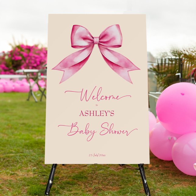 Pink bow ribbon baby shower elegant welcome sign (Pink bow ribbon baby shower elegant welcome sign board personalized entrance decor)