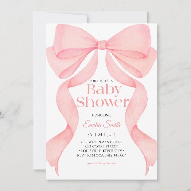 Pink bow ribbon baby shower  invitation (Front)
