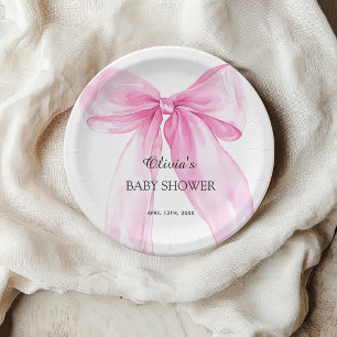 Pink Bow Ribbon Baby Shower Paper Plates