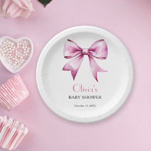 Pink Bow Ribbon Baby Shower Paper Plates