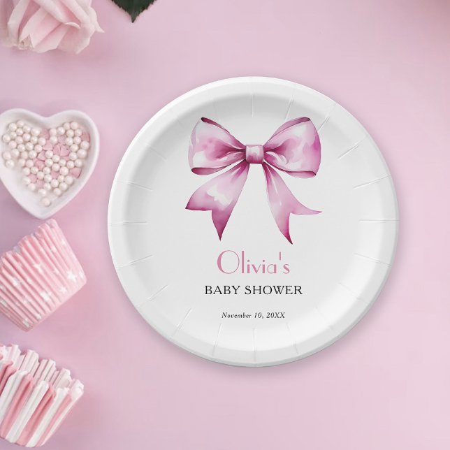 Pink Bow Ribbon Baby Shower Paper Plates (Creator Uploaded)