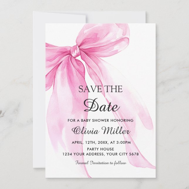 Pink Bow Ribbon Baby Shower Save the Date Invitation (Front)