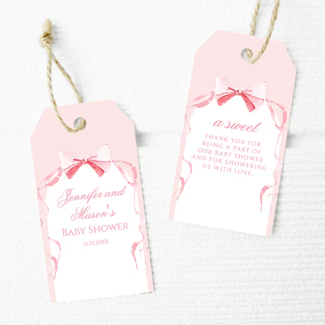 Pink bow ribbon baby shower thank you favor tags | Zazzle