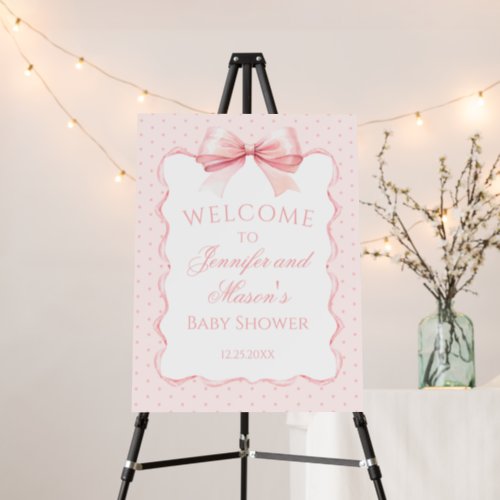 Pink bow ribbon baby shower welcome sign board