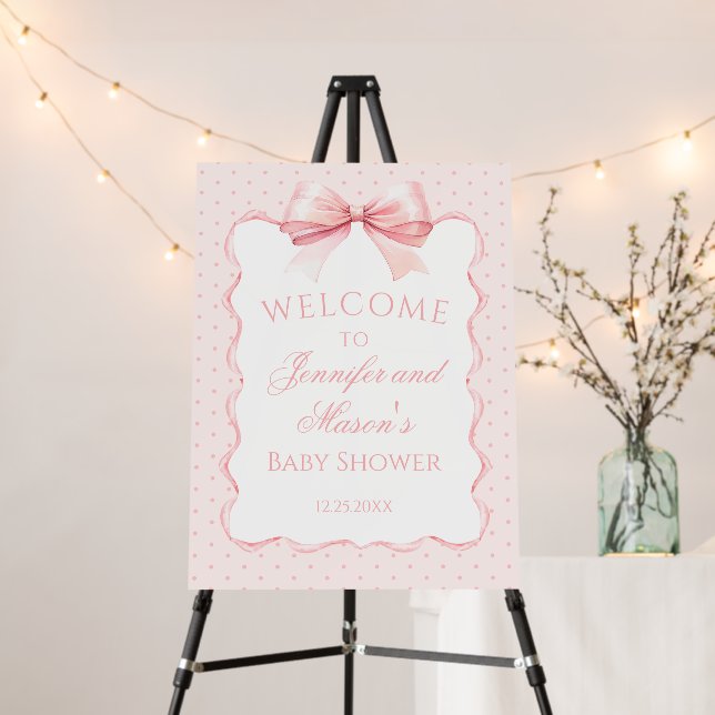 Pink bow ribbon baby shower welcome sign board (In Situ (Stand))