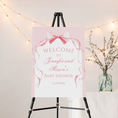 Pink bow ribbon baby shower welcome sign board