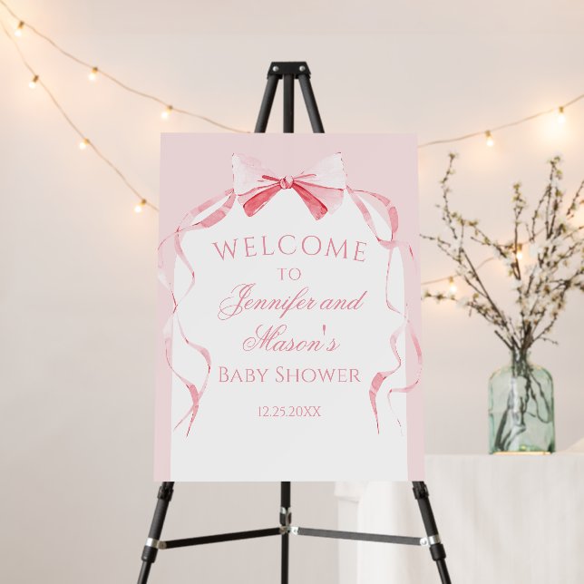 Pink bow ribbon baby shower welcome sign board (In Situ (Stand))