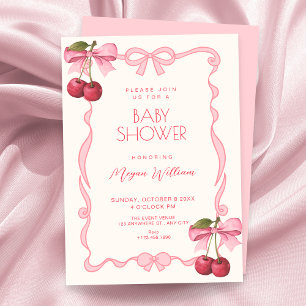 Pink bow ribbon cherry baby shower invitation