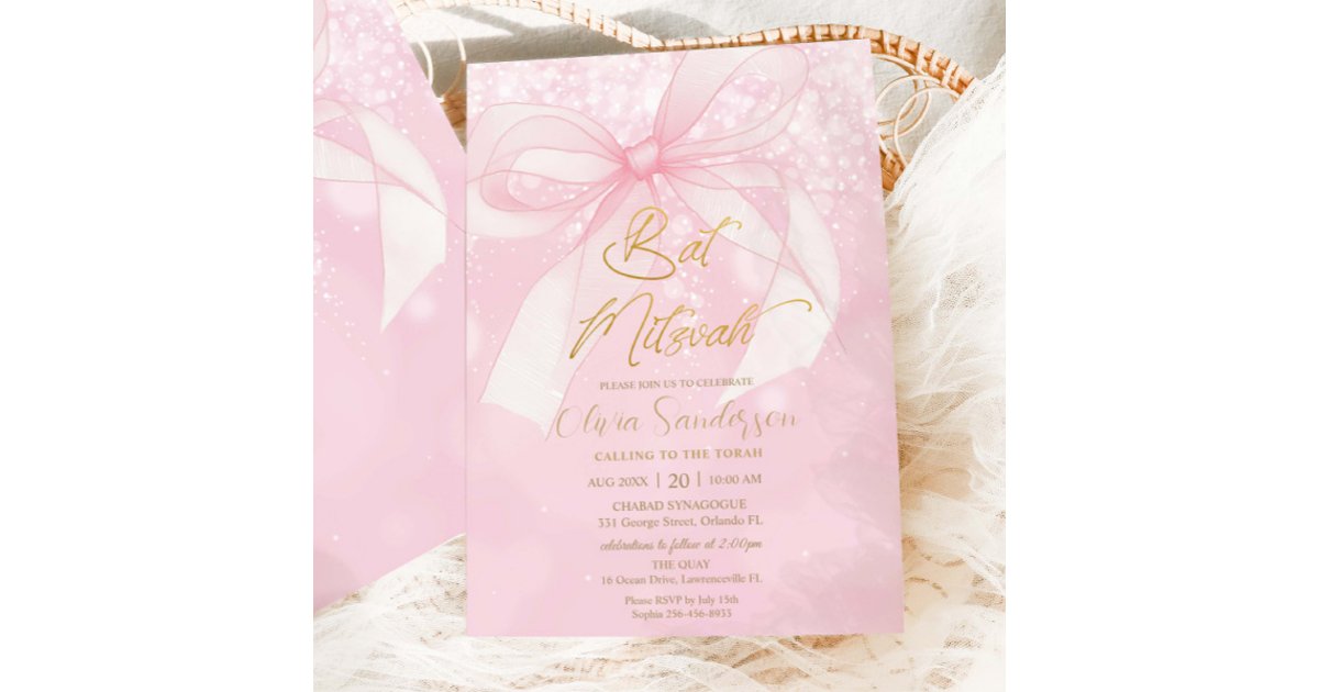 Pink Bow Ribbon Coquette Bat Mitzvah Invitation | Zazzle