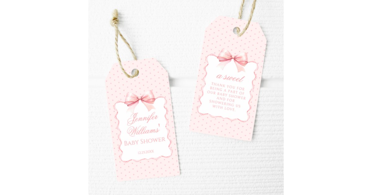 Pink bow ribbon cute baby girl shower thank you gift tags | Zazzle