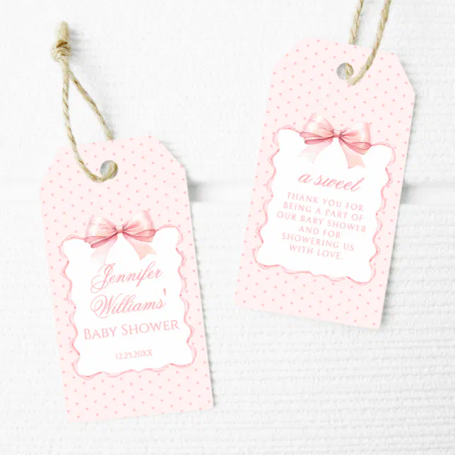 Pink bow ribbon cute baby girl shower thank you gift tags | Zazzle