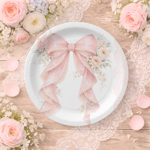 Pink Bow Ribbon Floral Lace Baby Shower Paper Plates