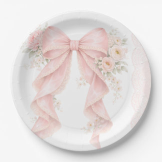 Pink Bow Ribbon Floral Lace Baby Shower Paper Plates