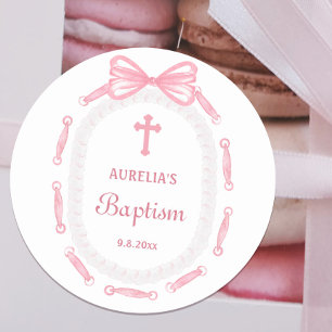 Pink Bow Ribbon Frame Baptism Classic Round Sticker