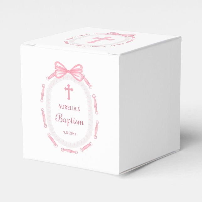 Pink Bow Ribbon Frame Baptism Cube Favor Boxes (Front Side)