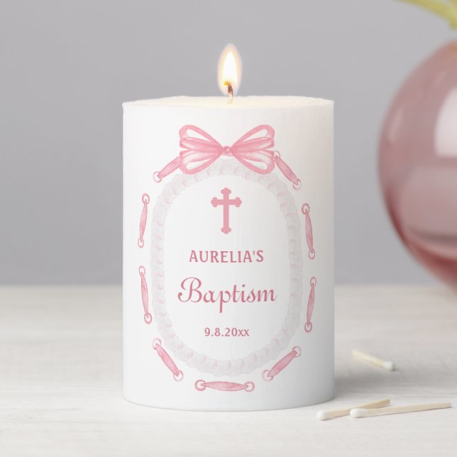 Pink Bow Ribbon Frame Baptism Pillar Candle (In Situ)