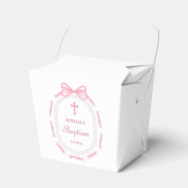 Pink Bow Ribbon Frame Baptism Take Out Favor Boxes (Front Side)