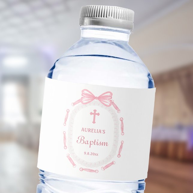 Pink Bow Ribbon Frame Baptism Water Bottle Label (Creator Uploaded)