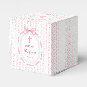Pink Bow Ribbon Frame Floral Baptism Cube Favor Boxes