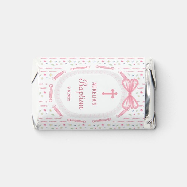 Pink Bow Ribbon Frame Floral Baptism Hershey's Miniatures (Front)