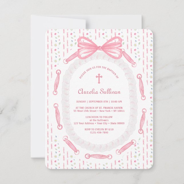Pink Bow Ribbon Frame Floral Baptism Invitation (Front)
