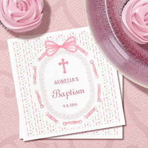 Pink Bow Ribbon Frame Floral Baptism Napkins