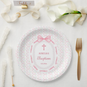 Pink Bow Ribbon Frame Floral Baptism Paper Plates