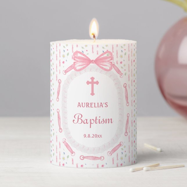 Pink Bow Ribbon Frame Floral Baptism Pillar Candle (In Situ)