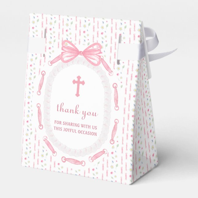 Pink Bow Ribbon Frame Floral Baptism Tent Favor Boxes (Back Side)