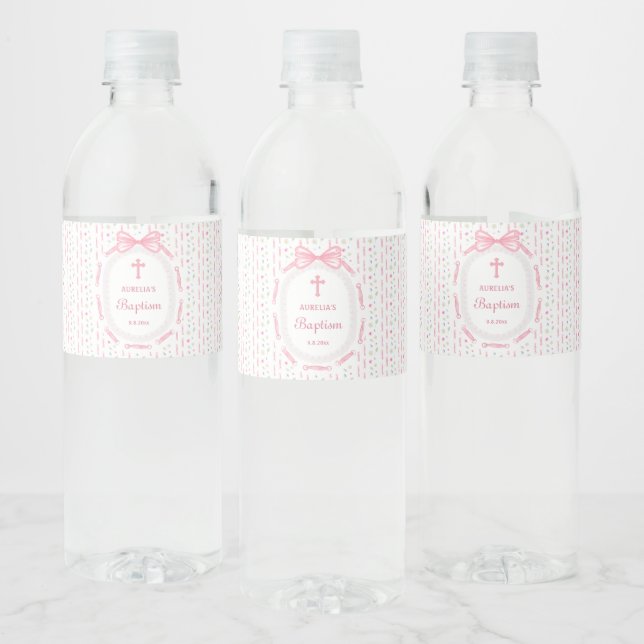Pink Bow Ribbon Frame Floral Baptism Water Bottle Label (Bottles)