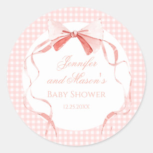 Pink bow ribbon gingham preppy baby girl shower classic round sticker