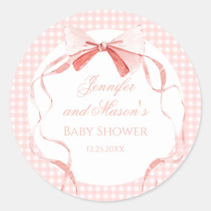 Pink bow ribbon gingham preppy baby girl shower classic round sticker