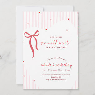 Pink Bow Ribbon Little Sweetheart First Birthday Invitation
