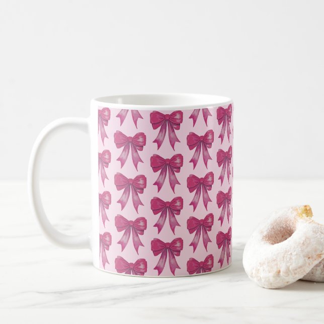 Pink Bow Ribbon Love Pattern Valentine Coffee Mug (With Donut)