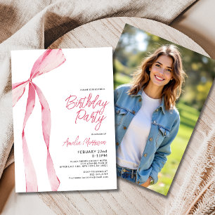Pink Bow Ribbon Photo Birthday Instagram Invitation