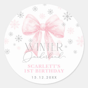 Pink Bow Ribbon Silver Winter Onederland Birthday Classic Round Sticker