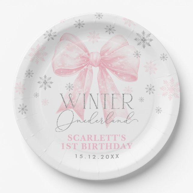 Pink Bow Ribbon Silver Winter Onederland Birthday Paper Plates (Front)