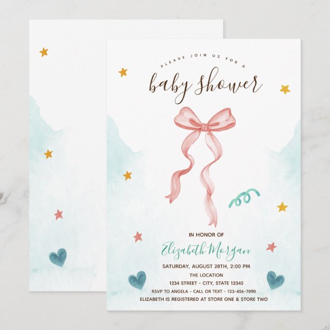 Pink Bow Ribbon Stars Hearts Baby Shower   Invitation (Front/Back)
