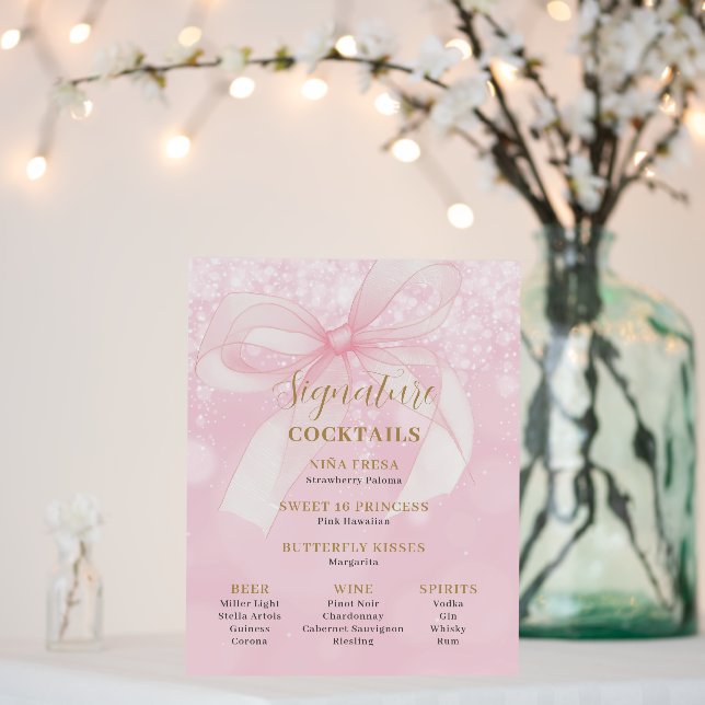 Pink Bow Ribbon Sweet 16 Signature Cocktails Menu Foam Board (In Situ (Wedding))