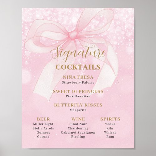 Pink Bow Ribbon Sweet 16 Signature Cocktails Menu