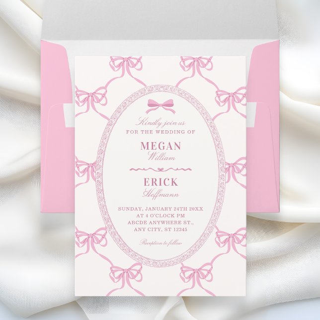 Pink bow ribbon wedding  invitation (Creator Uploaded)