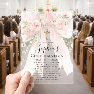 Pink Bow Rose Floral Girl Confirmation Acrylic Invitations