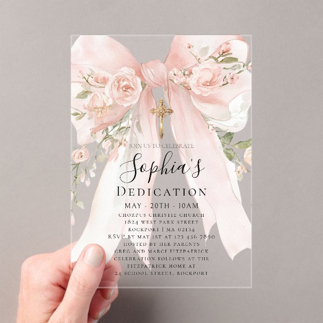 Pink Bow Rose Floral Girl Dedication Acrylic Invitations (Insitu (Handheld))