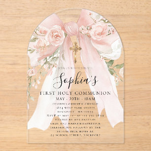 Pink Bow Rose Floral Girl First Communion Acrylic Invitations