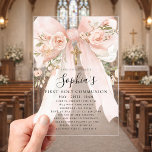 Pink Bow Rose Floral Girl First Communion  Acrylic Invitations