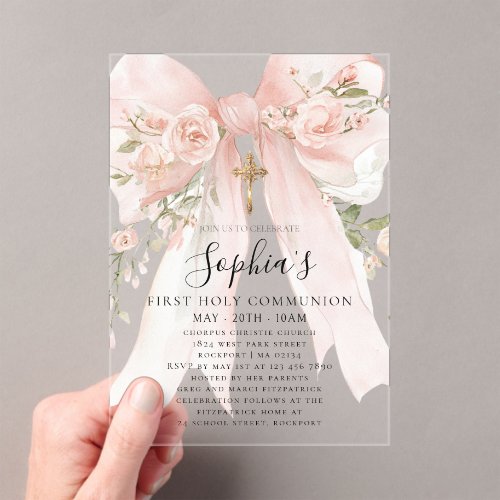 Pink Bow Rose Floral Girl First Communion