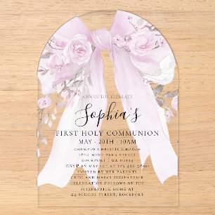 Pink Bow Rose Floral Girl First Communion Arch Acrylic Invitations