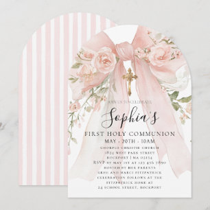 Pink Bow Rose Floral Girl First Communion Arch Invitation