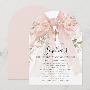 Pink Bow Rose Floral Girl First Communion Arch Invitation